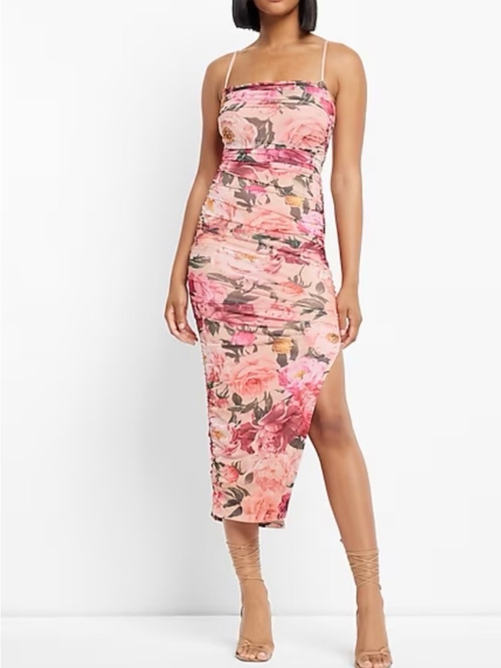 Express Pink Floral Ruched Midi Dress with Side Slit